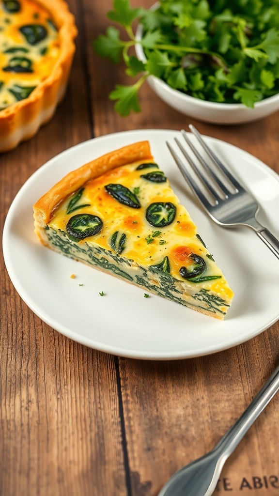 A slice of crustless spinach and cheese quiche on a plate with herbs, served with a side of mixed greens.